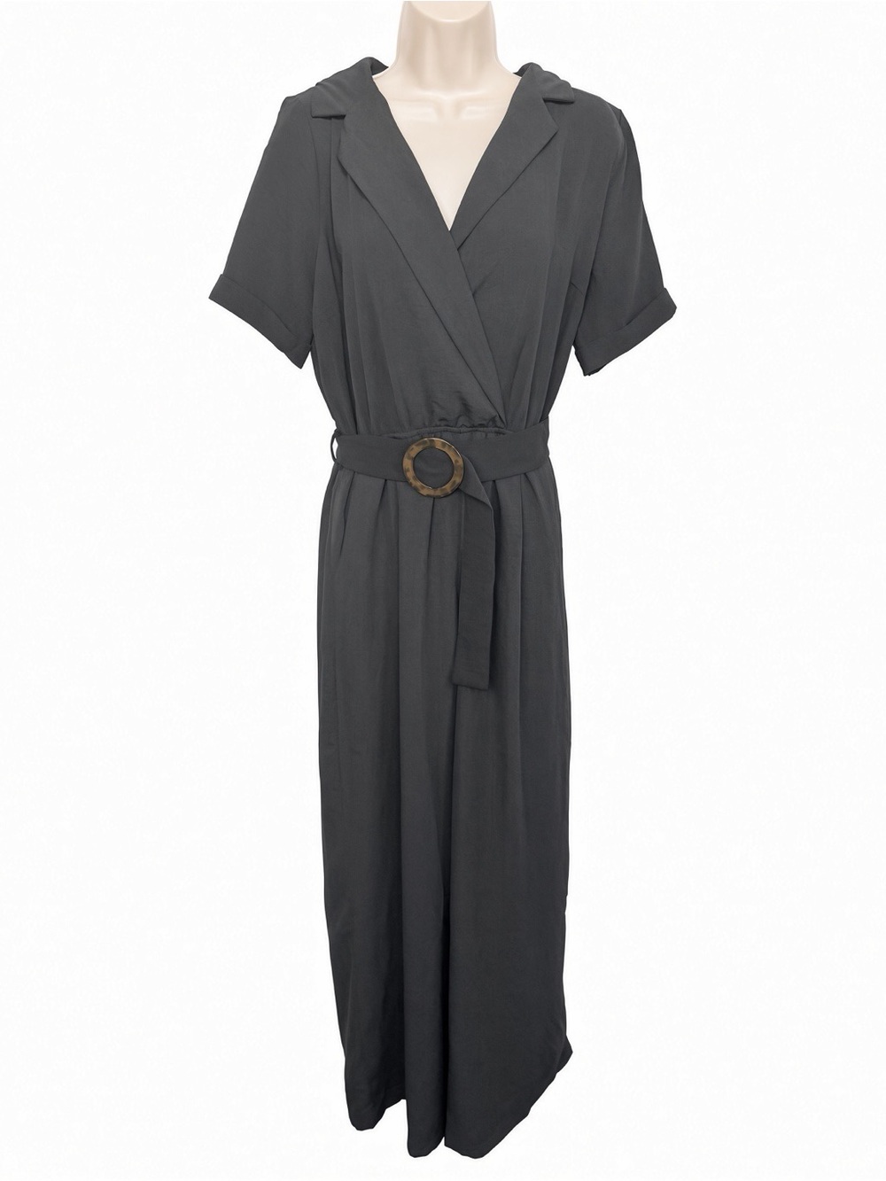 Monteau Los Angeles Black Wrap Jumpsuit Short Sleeve Tortoise Belt Size L